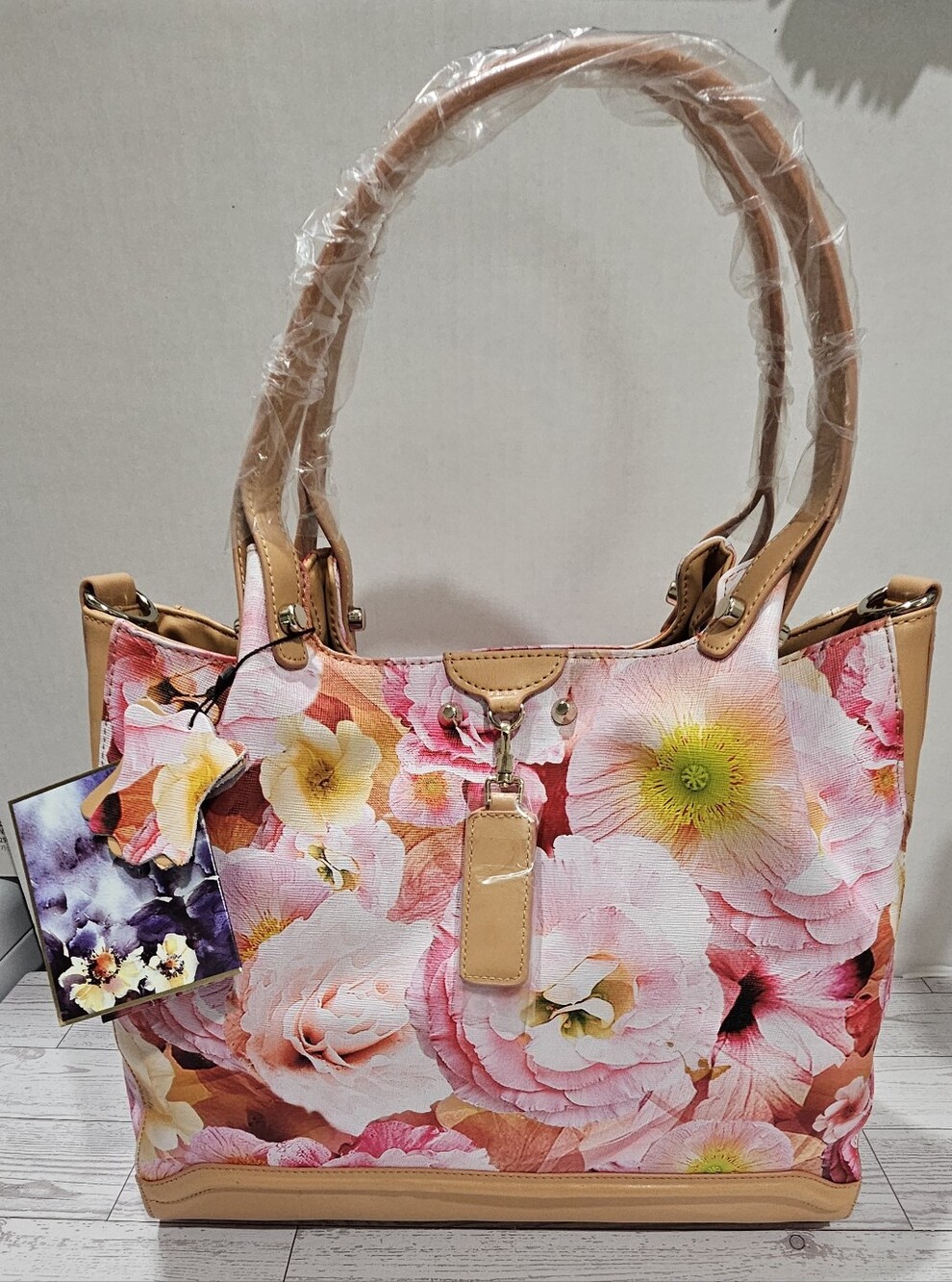Sharif 1827 Pink Floral Leather Satchel Handbag